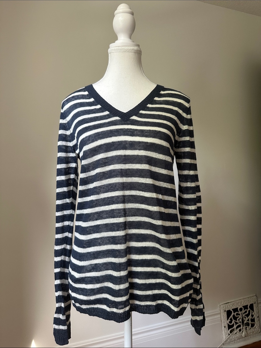 EDINA RONAY 100% Linen Striped Nautical Summer Preppy Sheer Vneck Sweater Medium